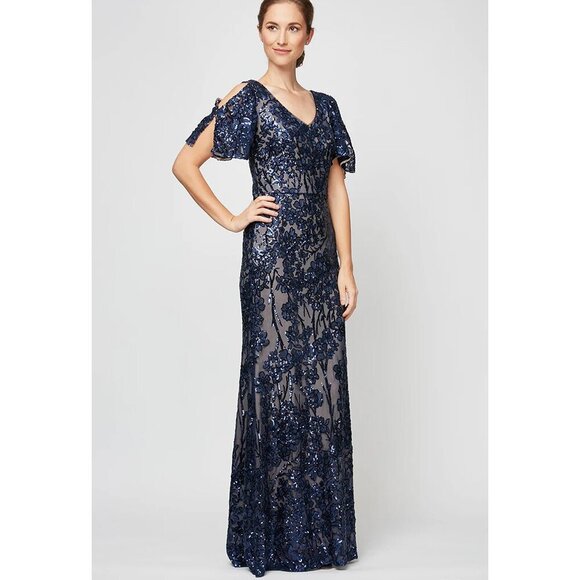 NWT Alex Evening V-Neck Sequin Dress with Cold Shoulder Flutter Sleeve - Picture 1 of 3